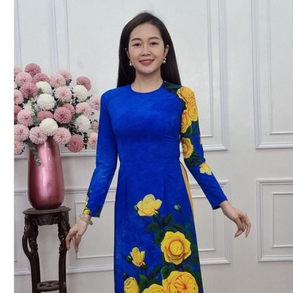 A2007 áo dài lụa nhật khít dài nền xanh coban hoa hồng vàng (KHÔNG GỒM QUẦN)