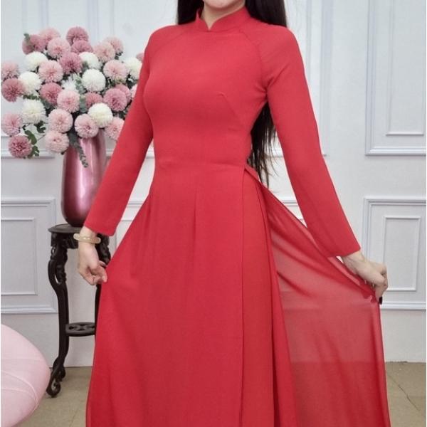 A803 bộ áo dài chiffon đỏ cổ cao bốn tà (ĐÃ GỒM QUẦN)