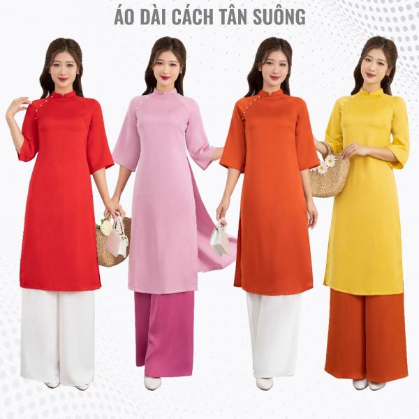 Áo dài cách tân nữ dáng xưa suông đính hạt ngọc thiết kế may sẵn vải tây thi co giãn mặc lễ tết đẹp - Thế Giới Áo Dài