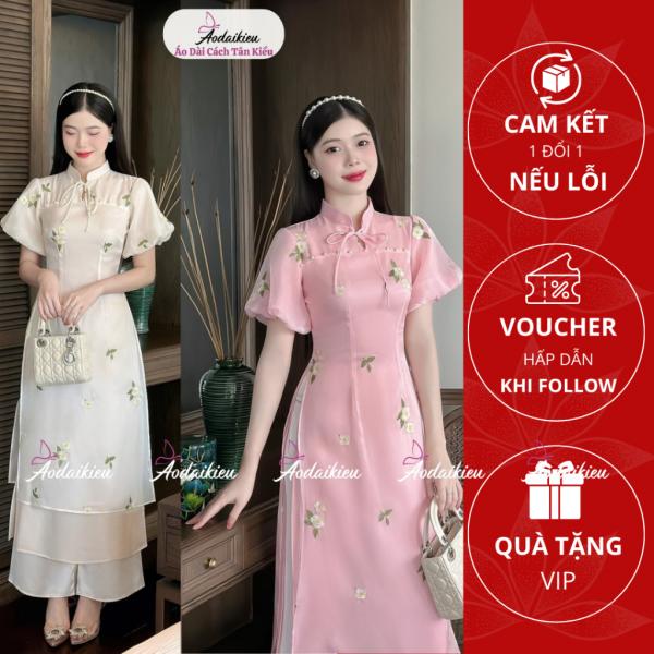Áo dài cách tân, thêu hoa nổi von tơ xước thoáng mát, nhẹ nhàng, cực đẹp  Áo Dài KiềuKiều  ADK002.