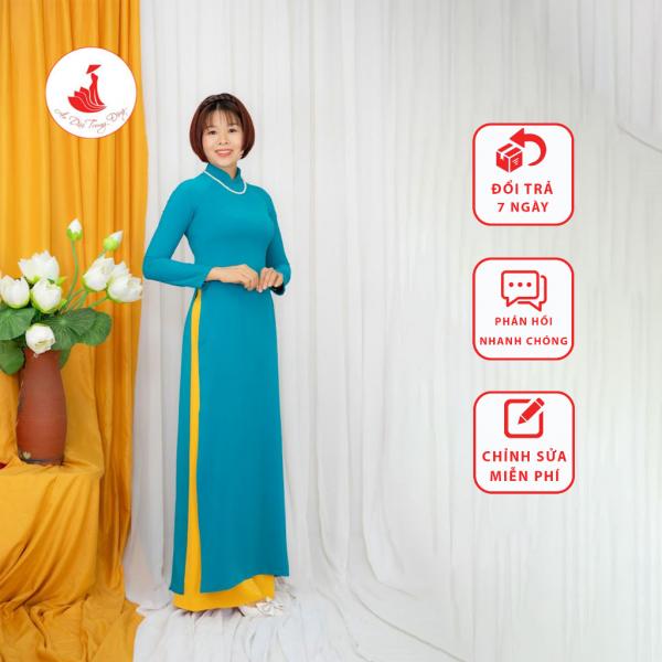 Áo dài màu xanh lý kết hoa nổi cổ 2,5cm tay lỡ vải Chifon