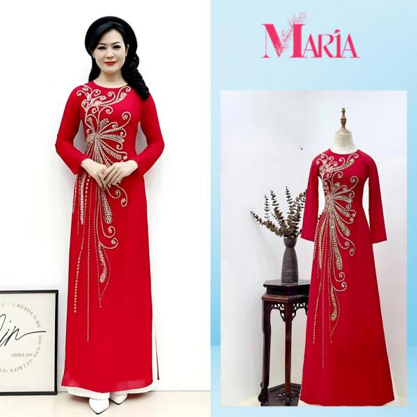 Áo Dài Trung Niên Màu Đỏ Thiết kế Thêu Đính Hạt - Cổ Tròn Tay Dài - Áo Dài Mẹ Sui, Dự Lễ Dự Tiệc - Áo Dài Maria