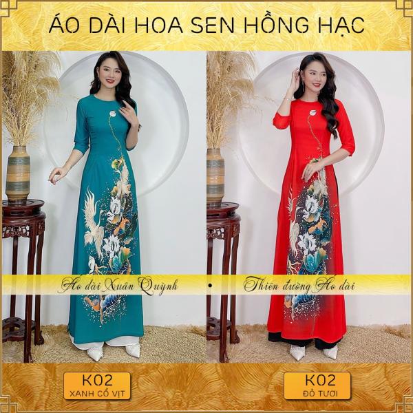 Áo Dài Truyền Thống Hồng Hạc Hoa Sen Chấm Bi, Sang Trọng Nổi Bật Lụa Habutai K02 - Áo Dài Xuân Quỳnh