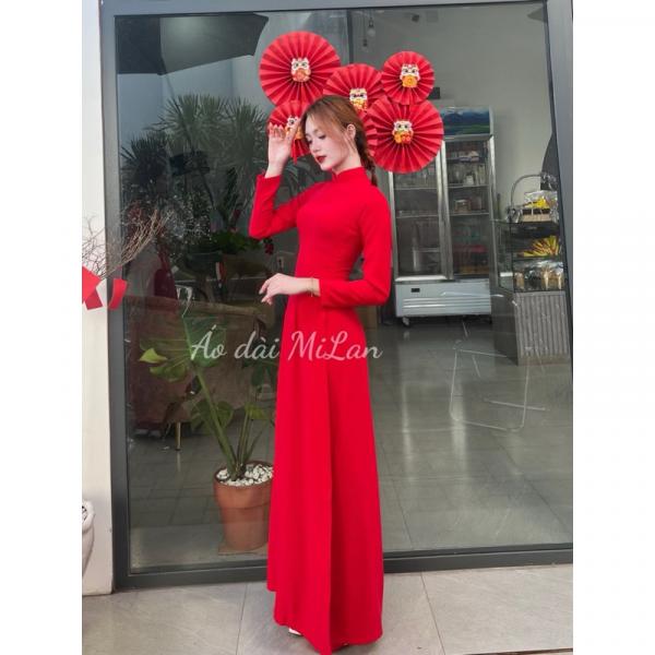 BỘ ÁO DÀI LỤA Mỹ Cao Cấp MÀU ĐỎ TƯƠI CỔ CAO 3cm TAY DÀI KÈM QUẦN LỤA SANG TRỌNG