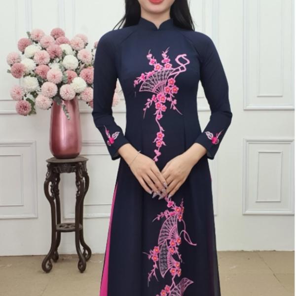 Tặng 272 áo dài lụa chiffon cổ cao tay dài nền xanh than hoa đào quạt (KHÔNG GỒM QUẦN)