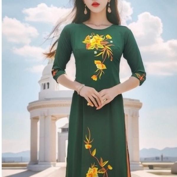 Tặng 299 áo dài lụa chiffon xanh két cổ tròn lỡ thêu hoa vàng (KHÔNG GỒM QUẦN)